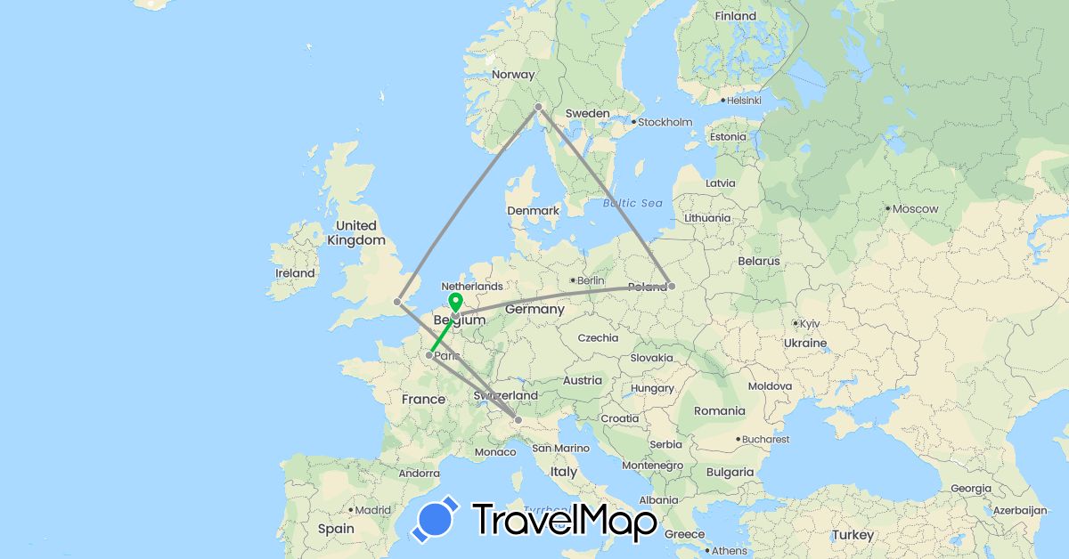 TravelMap itinerary: driving, bus, plane in Belgium, France, United Kingdom, Italy, Norway, Poland (Europe)