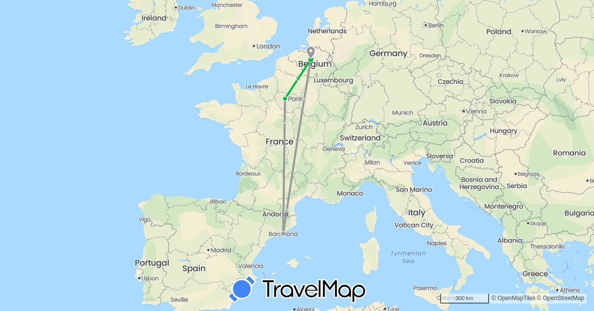 TravelMap itinerary: driving, bus, plane in Belgium, Spain, France (Europe)